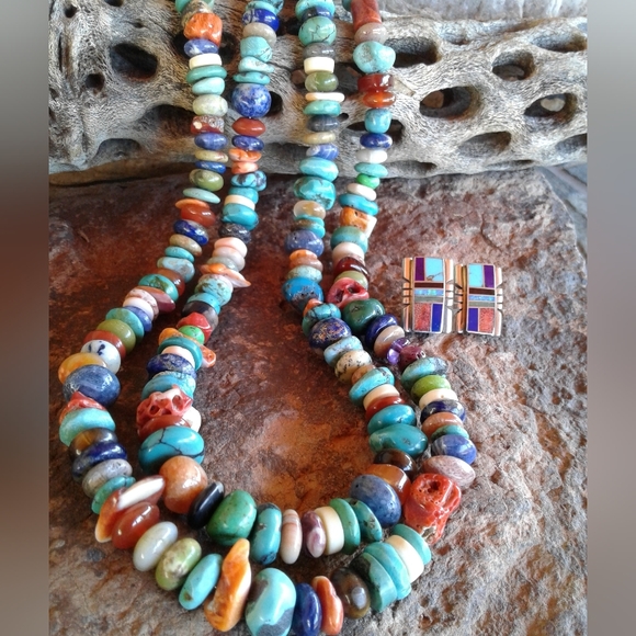 Sterling Silver Genuine Multi Gemstone Long Necklace Set
